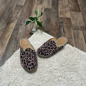 J.crew Size 9 Brown Black Leopard Print Canvas Slip-On Espadrille Mule Flats